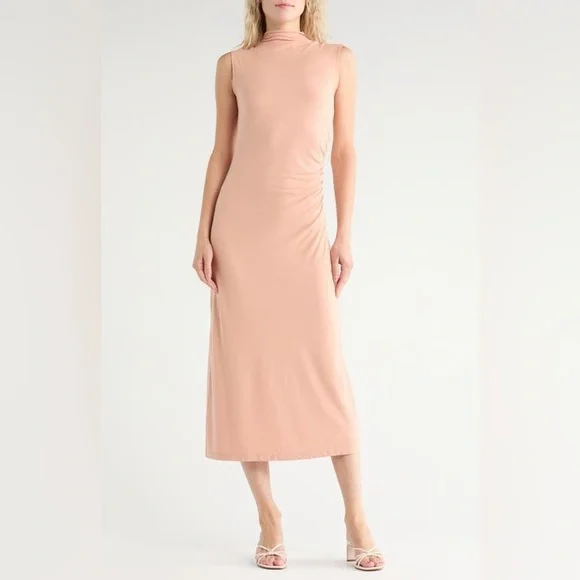 Vince tan mock neck gathered waist sleeveless jersey midi dress - XS NWT - Picture 2 of 8